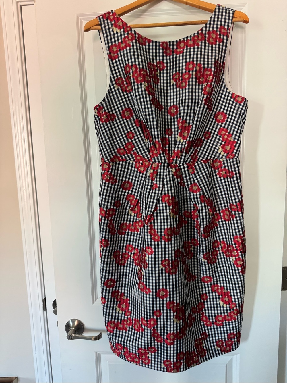 Adrianna Papell White Blue Check Red Floral Embroidered Sheath Dress 14 Gingham